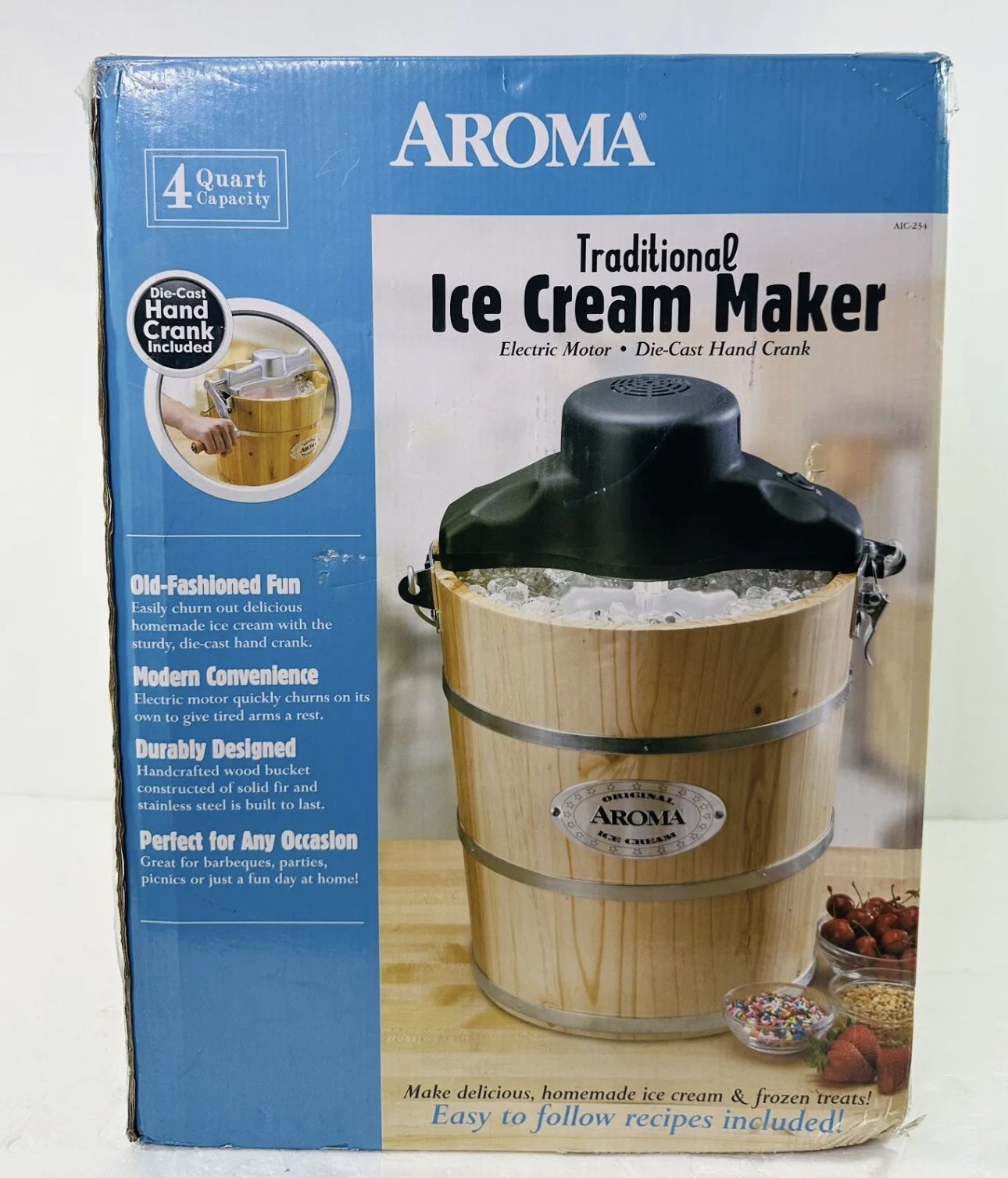 Aroma 4Qt Traditional Ice Cream Freezer Maker AIC234 Hand Crank/Electric. *NEW*