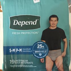S-M Men’s Depends 19 Count Underwear