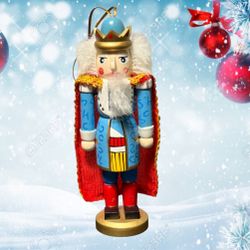 Vintage 1990s Wooden Nutcracker King Ornament In Blue And Red Cape, 4.75”