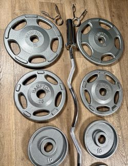 Olympic Beautiful Hampton Set & Brand NEW Curl Bar W/ Cooper Bearings: Pairs Of 35s, 25s, 10s, 5s and 2.5s ( Total: 175 lbs)