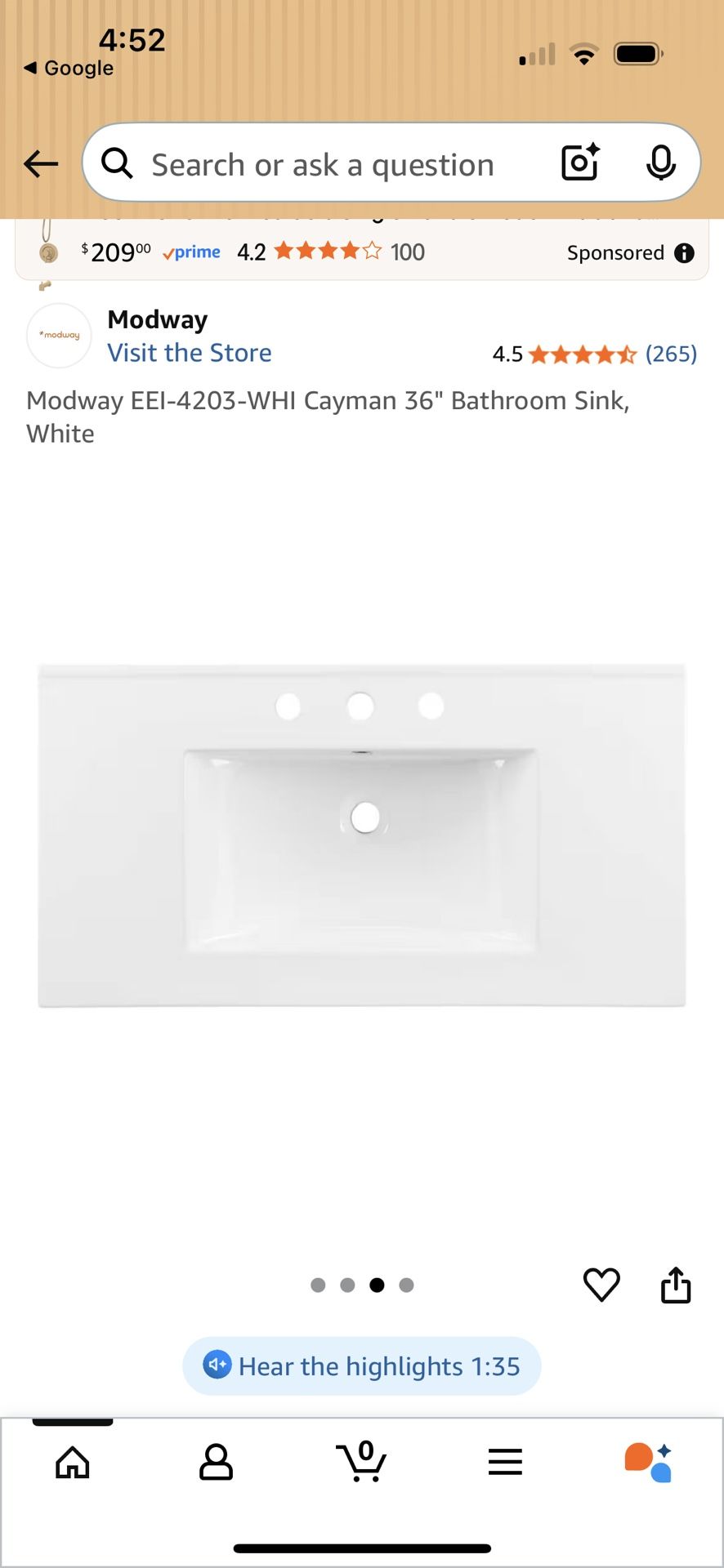 Modway EEI-4203-WHI Cayman 36" Bathroom Sink, White