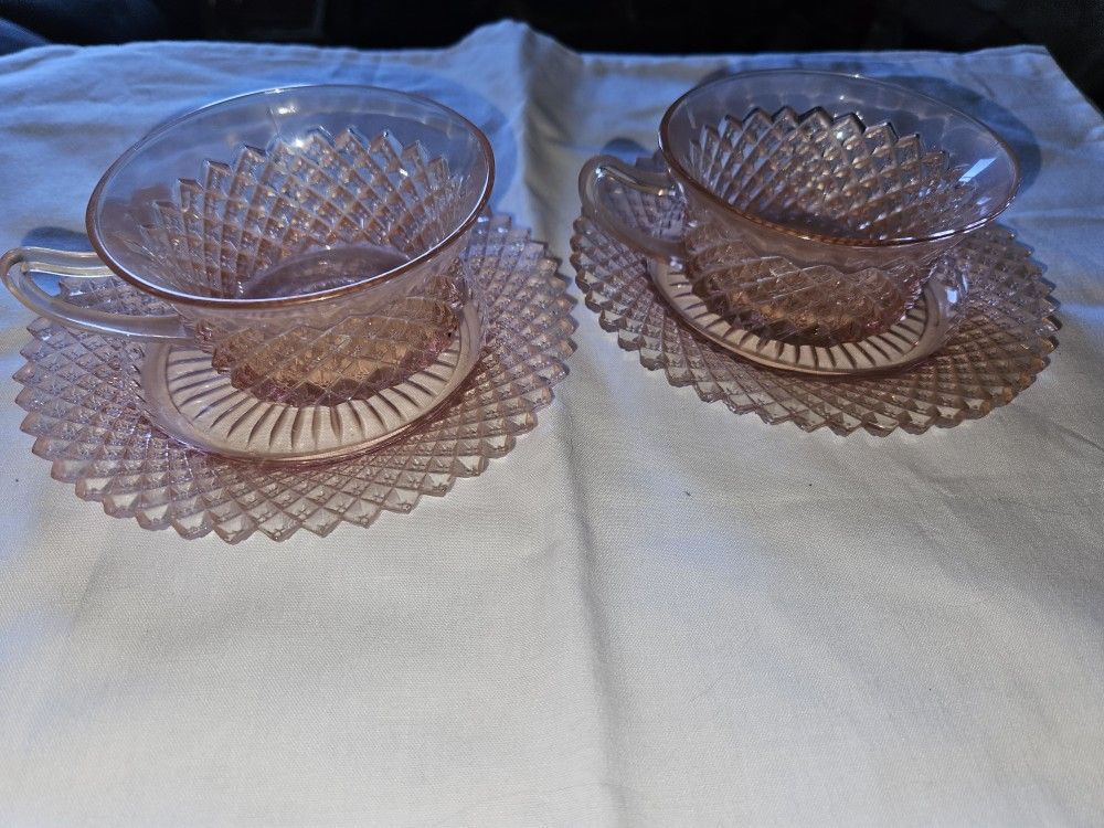 2 Pink Miss America Depression Glass Cups Saucers