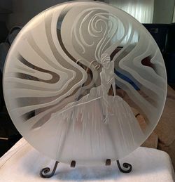 Postmodern Deep Carved Sandblasted Art Glass Charger Platter Lady Silhouette...