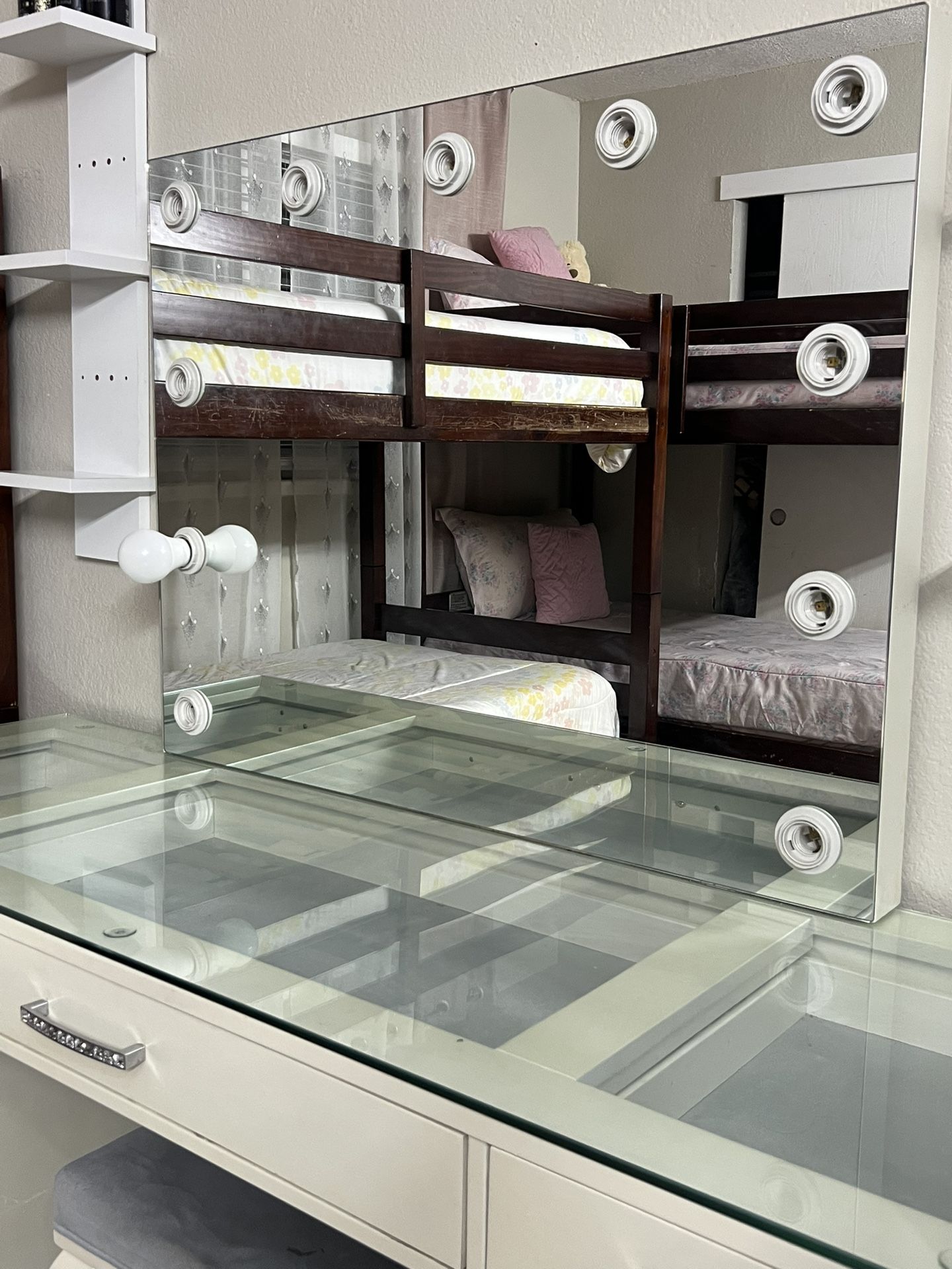 White Vanity Makeup Desk with Mirror & Stool – $350