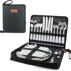Camping Silverware Set with Case, 11 Pcs or 23 Pcs Camping Mess Kit with Stainless Steel Plates, Picnic Set for 2 Or Picnic Set for 4, Travel Silverwa