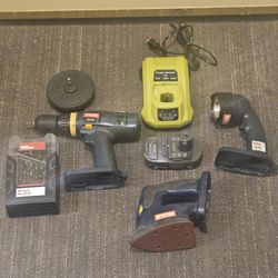Ryobi Drill Driver, 18V Swivel Head Flashlight, Corner Cat Sander, Battery Charger w/Battery, 2 Bits