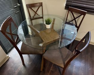Stylish Wood Table Base With Glass Table Top And 4 Chairs