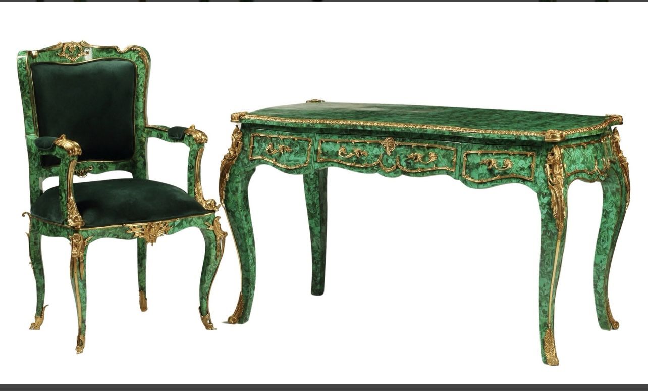 2) LOUIS XV STYLE FAUX MALACHITE BUREAU & FAUTEUIL