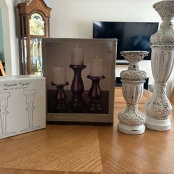 (New In Box) Crystal Candle stick holders, Wooden Finish Pillar Holders, & Used Set Pillar holders