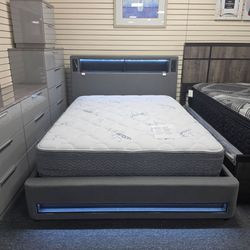 Queen Gray Upholstered Bed Frame with LED Lighting and Bluetooth speakers 🚚WE DELIVER🚚