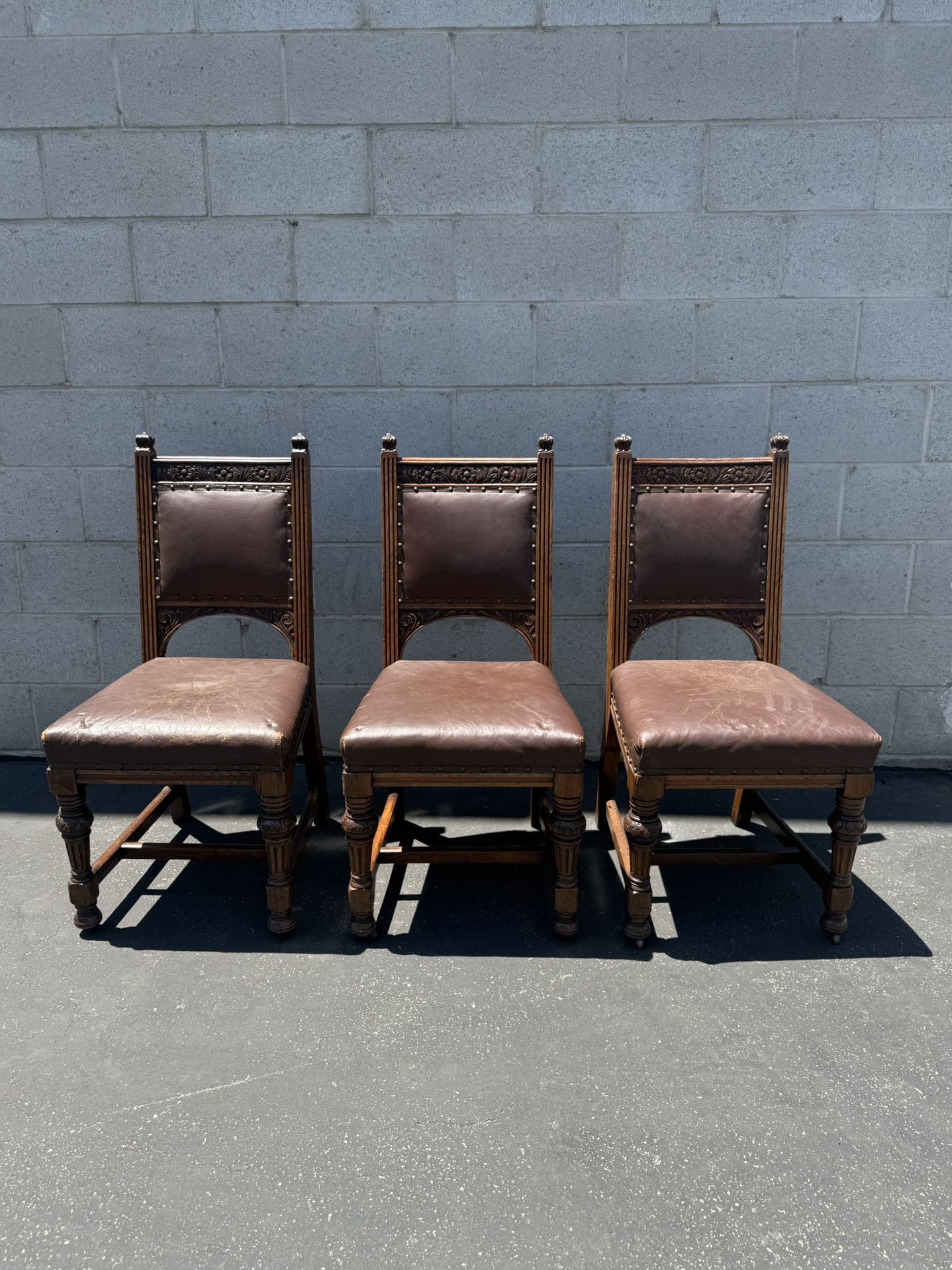 Antique Chairs R. Garnett & Sons Cabinet Makers, Warrington – Leather Seats w/ Casters – Set of 3