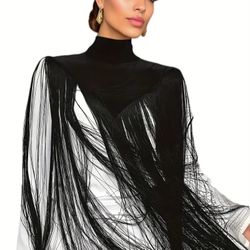 Tassel Trim Mock Neck Crop Shawl Cloak
