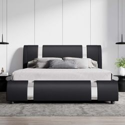 Modern Faux Leather king Bed Frame with Adjustable Headboard and Iron Accents, Deluxe Upholstered Platform Bed with Solid Wooden Slats Support/No Box 