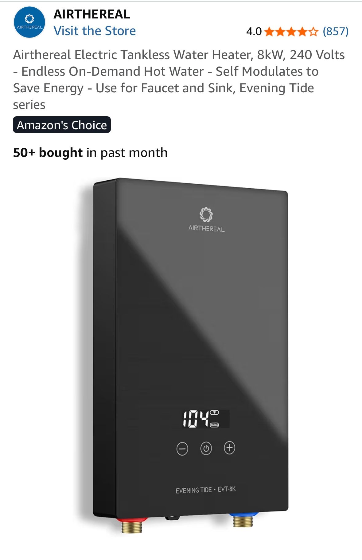 Airthereal Electric Tankless Water Heater, 8kW, 240 Volts