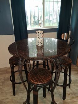 Round Marble Pub Dining Table Set with 4 Bar Stools