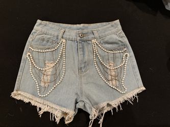 Denim shorts with Pearls and Diamond Chain attached