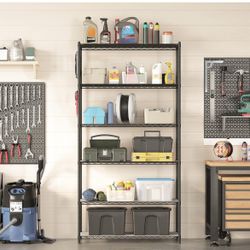 6-Tier Storage Shelves, Wire Shelving Unit, Kitchen Metal Shelves, Storage Rack with Adjustable Shelves, Shelf Liners, 8 Hooks, for Garage, 13.8 x 35.
