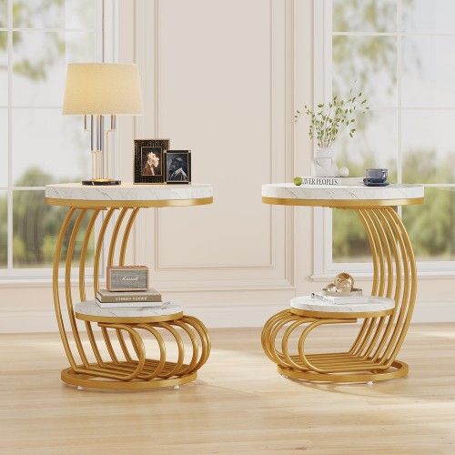 Set of 2 Round End Table, 2 Tiers Faux Marble Side Table with Storage Shelf