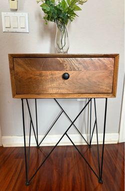 Mid-Century Wood Nightstand with Metal Legs