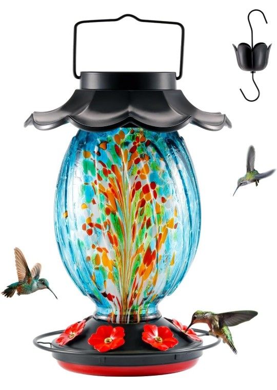 Solar Hummingbird Feeder - 49 fl.oz Hand Blown Glass Color Changing - 7 Feeding Ports with Perch - Never Leak - Perfect Hummingbird Feeder for Outdoor