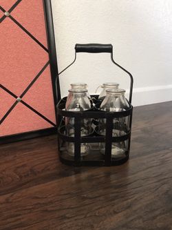 Vintage style Farmhouse milk jars in milk crate decor for kitchen, add ribbon & perfect accent for the holidays!