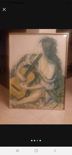 Beautiful Gypsy Girl Playing Guitar Charcoal Signed And Dated