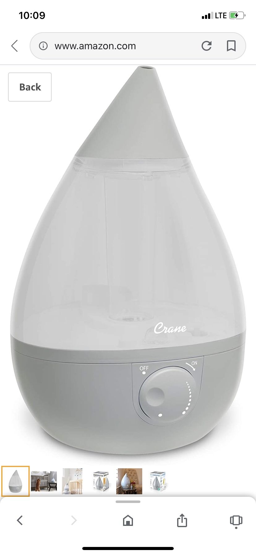 Crane Drop Ultrasonic Cool Mist Humidifier, Filter Free, 1 Gallon, 24 Hour Run Time, Whisper Quiet, for Home Bedroom Baby Nursery and Office, Grey