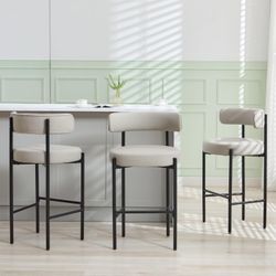 30" Bar Height Stools Set of 3, Faux Leather, Beige Grey 3.5-Inch Thick Cushion, Easy-Clean Faux Leather, 350 LBS Weight Capacity, Curved D