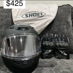 XL Shoei motorcycle helmet with gloves