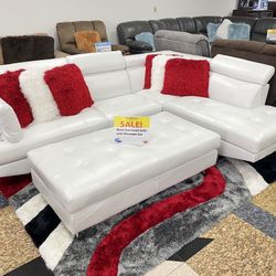 White Leather Sectional With Ottoman ** Sale Ends Tomorrow ** See Us Today!  ** Easy Financing Options