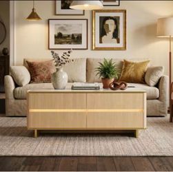 Natural Oak Modern Coffee Table with Marble Top and Drawers