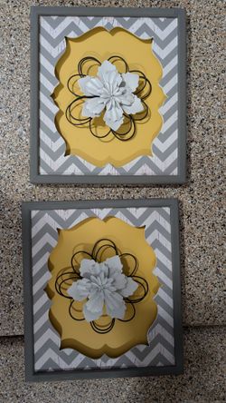 Gray and Yellow Chevron Floral Wall Art Set of 2