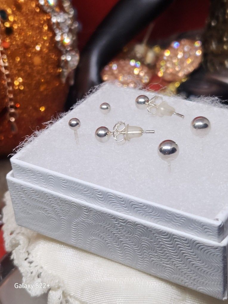 3 Pc Set 925 Sterling Silver Stud Earrings
