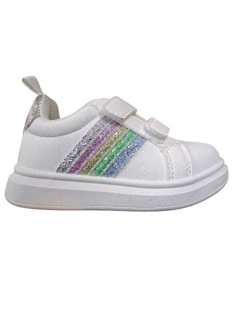 Toddler Girl Shoes with Hook and Loop Easy On Sneakers Glitter Rainbow Casual Shoes White
