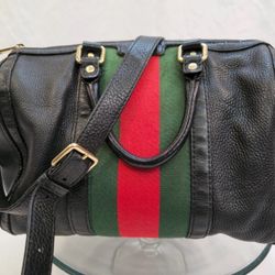 Vintage Gucci Black Leather Web Boston Bag
