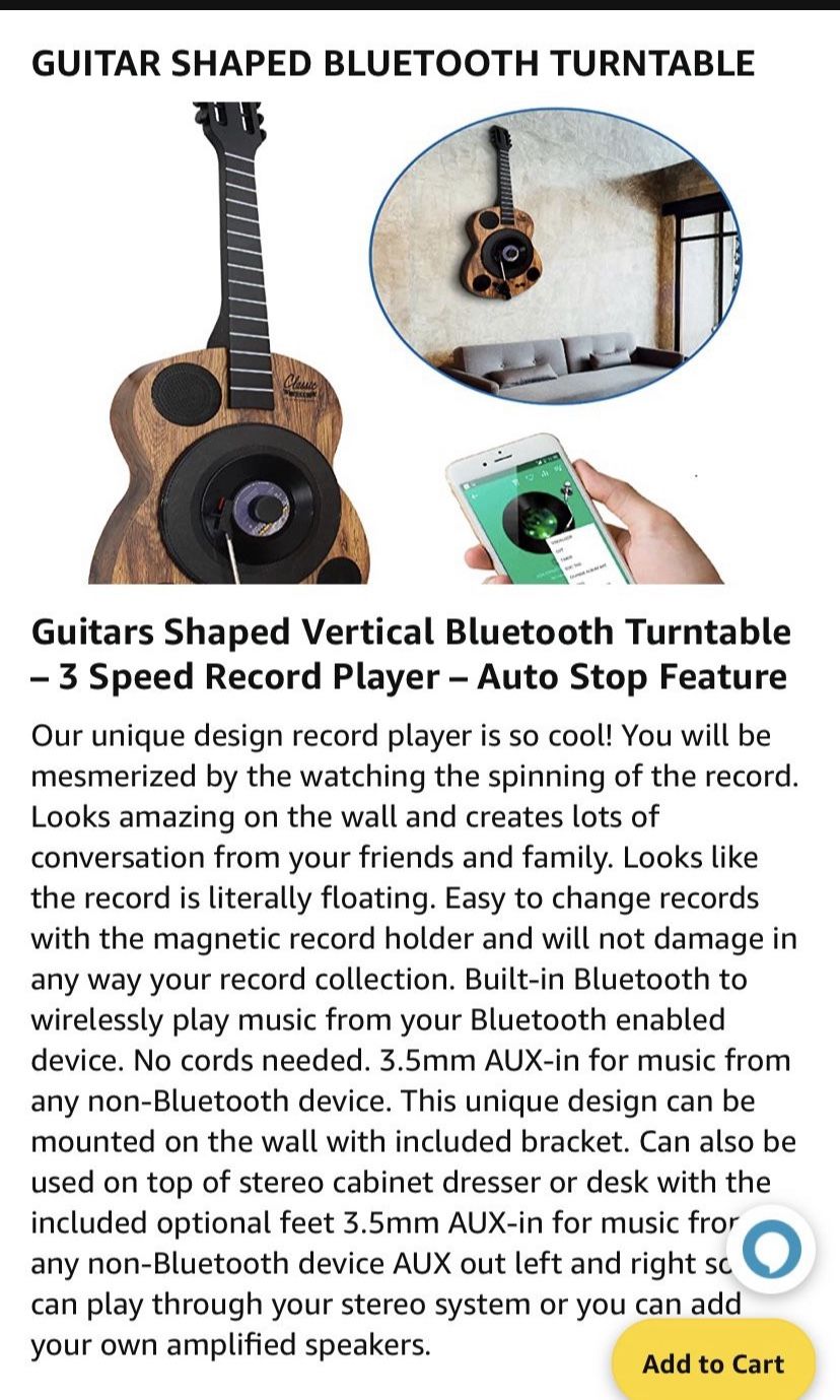 Guitars Shaped Vertical Bluetooth Turntable 3- Speed Record Player