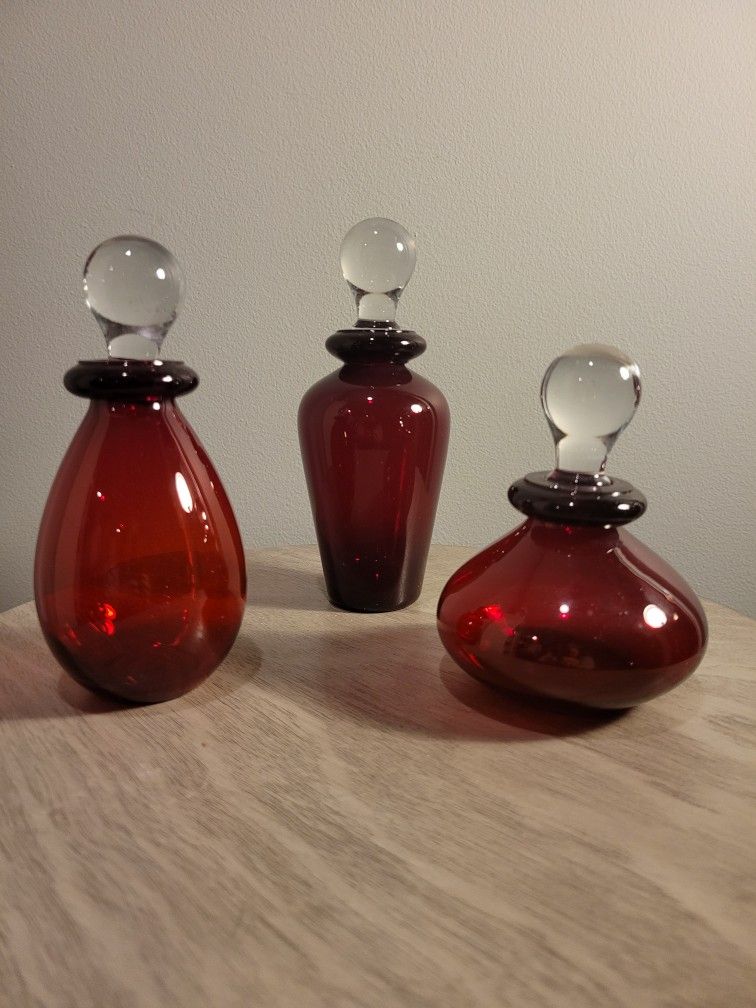 Vintage Ruby Red Glass Bottles with Stoppers