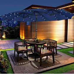 15 ft Large Patio Umbrella with Solar Lights Double-Sided Outdoor Rectangle Market Umbrellas with 36 LED Lights/Base Included/Crank for Patio Garden Y
