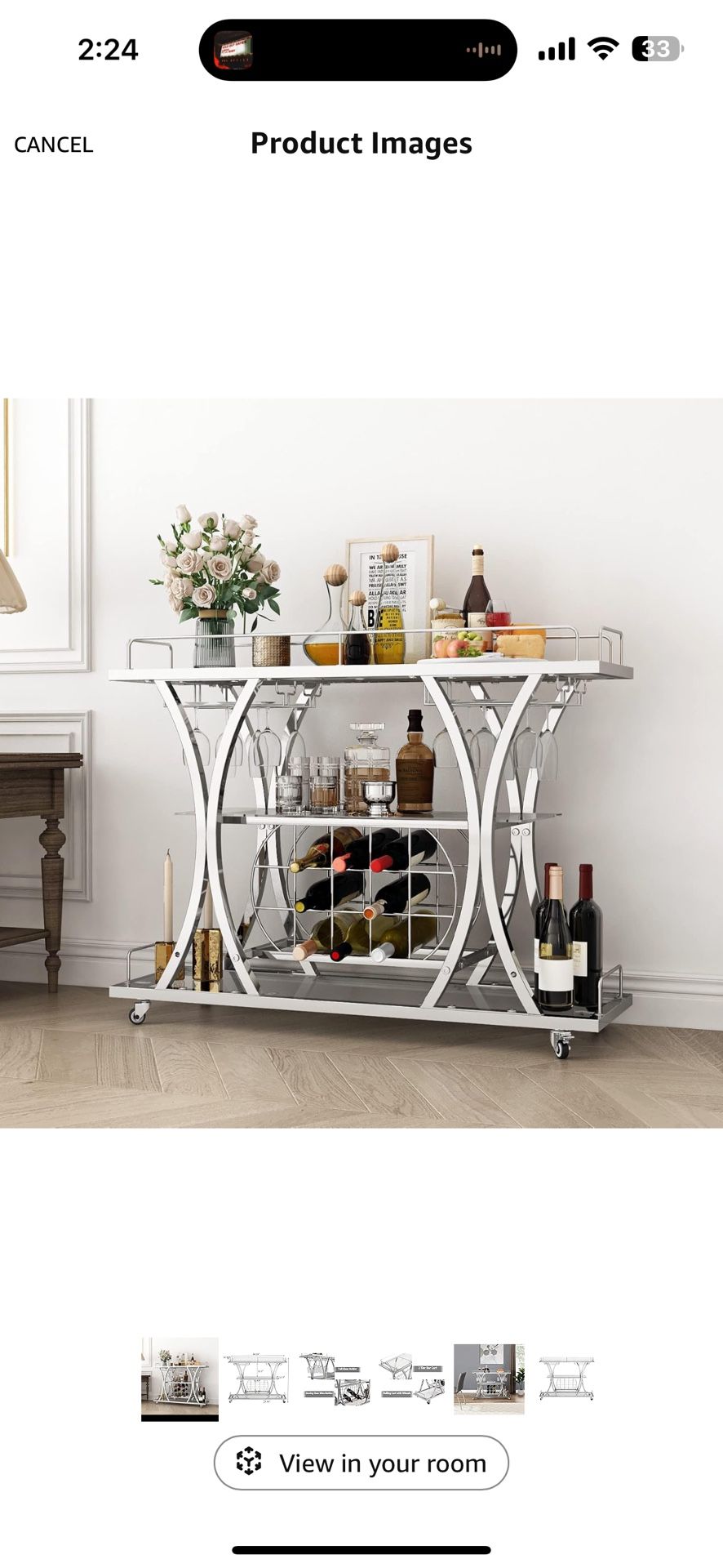 SILVER 3 TIER GLASS BAR CART