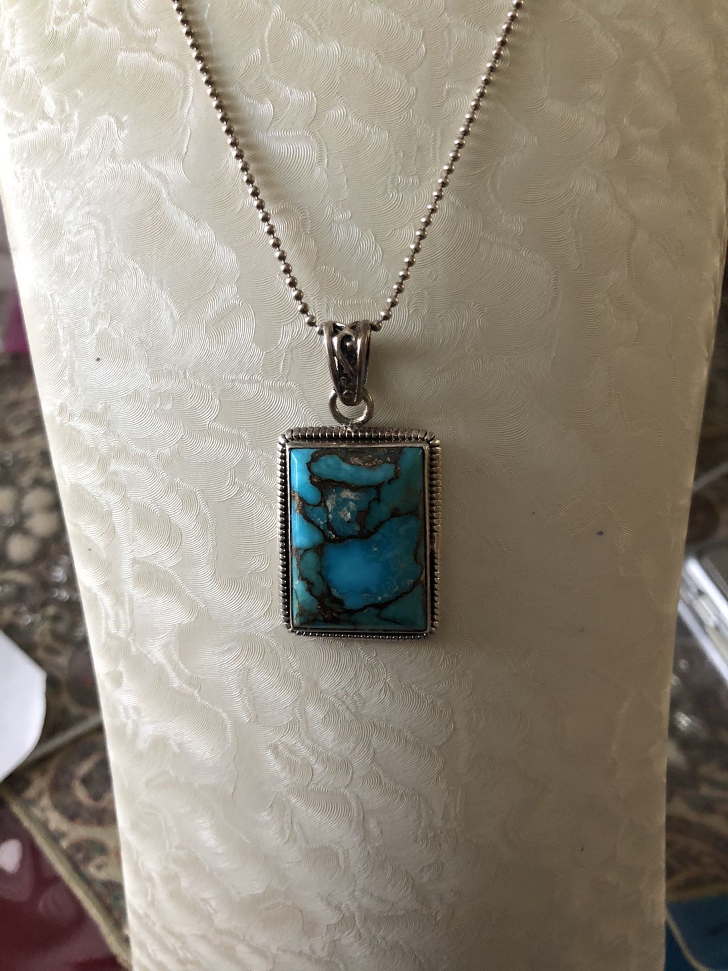 Jewelry, pendant necklace sterling silver 925, 1.5”Turquoise ,hand crafted,22” Italian chain