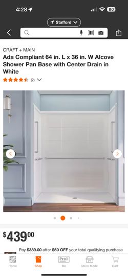 Ada Compliant 64 in. L x 36 in. W Alcove Shower Pan Base with Center Drain in White
