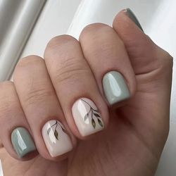 Brand New 24pcs Morandi Green Leaf Design Press-On Nails