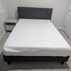 Gray Upholstered Queen Bed Frame with Headboard & Nightstand