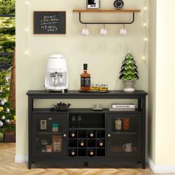 Elegant Buffet Cabinet with Glass Doors and Wine Rack, Versatile Sideboard, Black