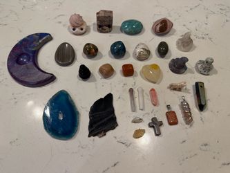 Assorted Crystal Stones and Resin Moon Sphere Holder, Agate Slice, Tumbles, Crystal Buddies Carvings, Harry Potter Hats, Pendants, Blue Tigers Eye