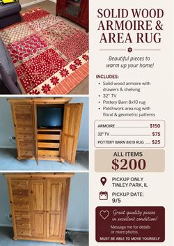 SOLID WOOD ARMOIRE & AREA RUG