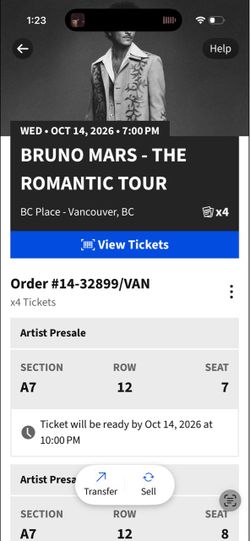 Bruno Mars Tickets 10/14 Vancouver, CA