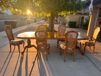 Vintage Marquetry Pedestal Dining Table and 6 Cane Back Chairs