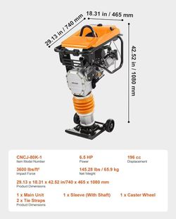 162】Jumping Jack Compactor, 6.5 HP Vibratory Rammer Fuel-Powered 196 cc Engine Tamper, 3600 lbs Impact Force, 26" Max Compaction Depth, for Soil, Grav