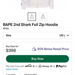 Ponr Bape 2nd Shark Full Zip Hoodie White Size Medium 